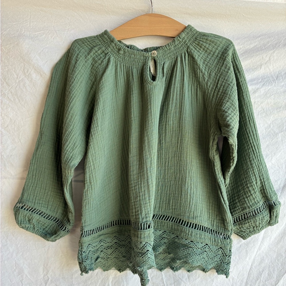 Rylee + Cru Girls 3/4 Sleeve Cotton Gauze Blouse With Lace Trim 6-7Y